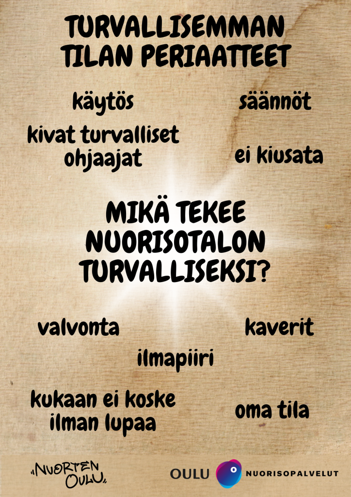 Maikkulan nuorisotalolle on kirjattu turvallisemman tilan periaatteet. Nuorisotalolla tulee käyttäytyä hyvin ja noudattaa sääntöjä. Ketään ei saa kiusata eikä keneenkään koskea ilman lupaa. Kivat ja turvalliset ohjaajat valvovat, että nuorisotalon ilmapiiri pysyy hyvänä. Mukavat kaverit ja oman tilan kunnioitus tekee nuorisotalosta turvallisen paikan.