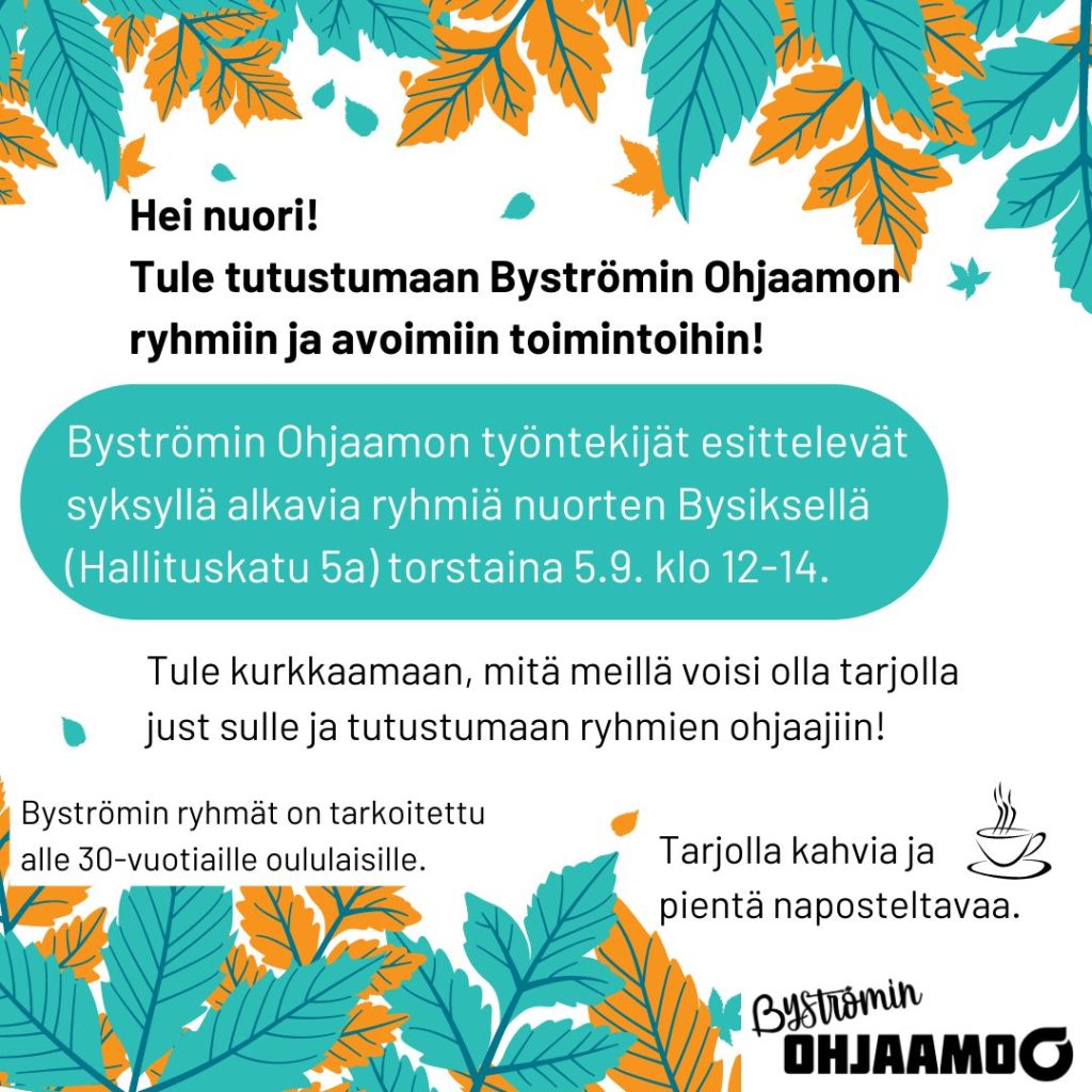 Byströmin ryhmien esittelypäivän mainos, reunoissa lehtikuvioita