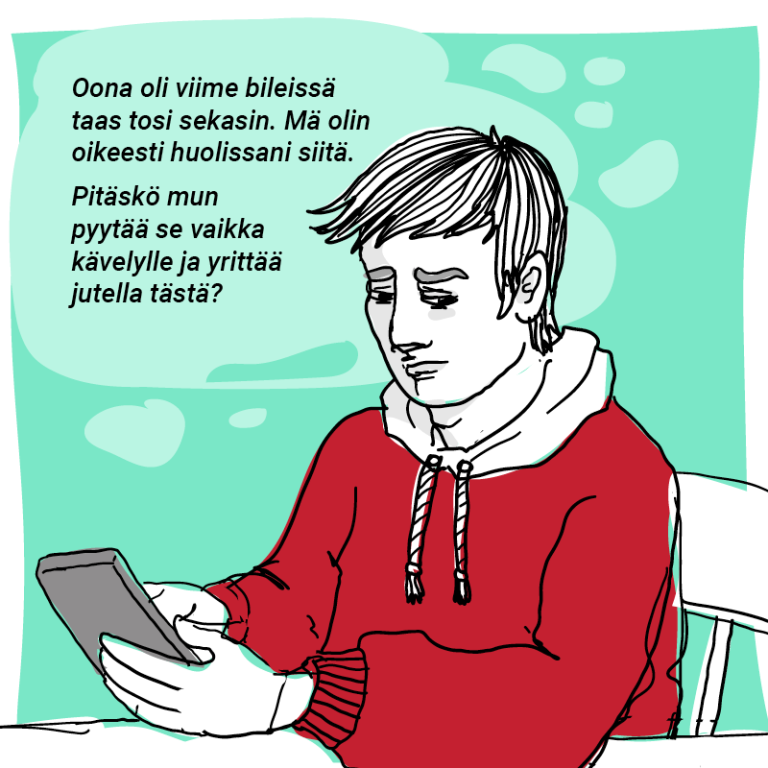 Kuinka puhua huolesta? -sarjakuva. 1. ruutu.