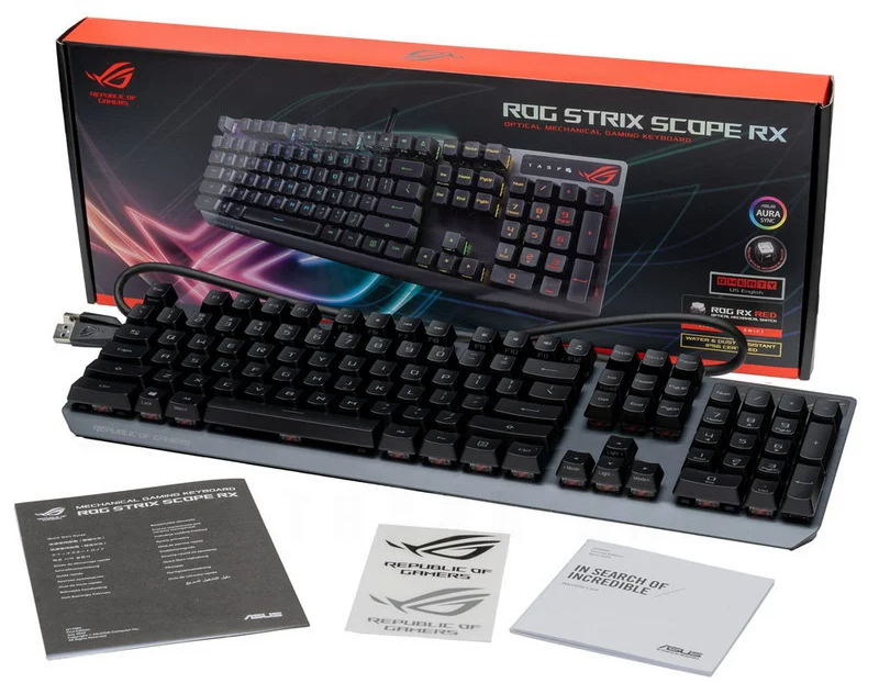 Kuvassa palkintona oleva Asus ROG Strix Scope RX-pelinäppäimistö