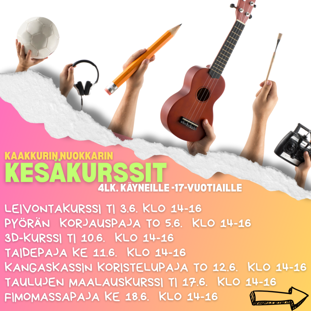 kesäkurssit kaakkurin nuokkarin kursseilla on 10 paikkaa. ilmoittautumiset kurssiviikon maanantaihin mennessä lisätiedot ja ilmoittautumiset kaakkurin nuokkarin numeroon (puh 044 703 8244) tai instagramissa yksityisviestillä 4. luokan käyneille- 17-vuotiaille.