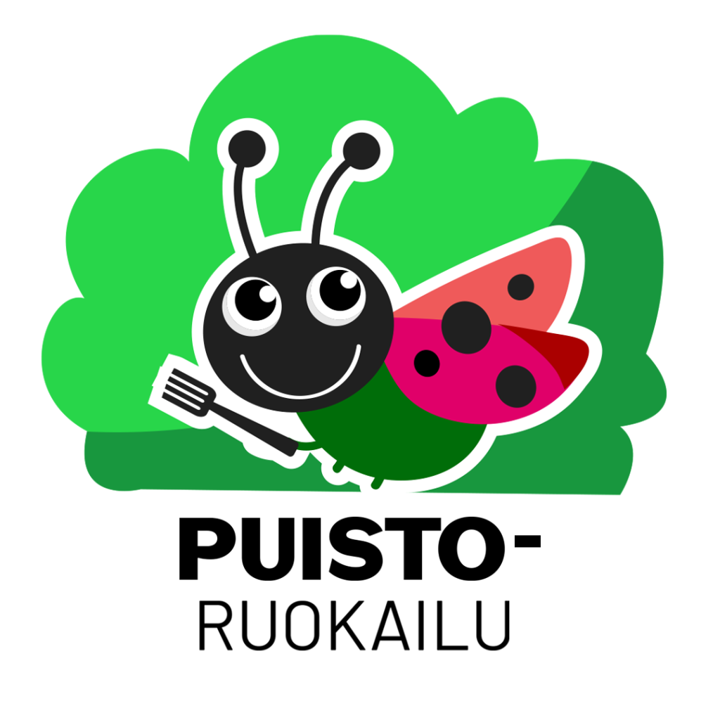 Puistoruokailun tunnus. Leppäkerttu haarukka kädessä.