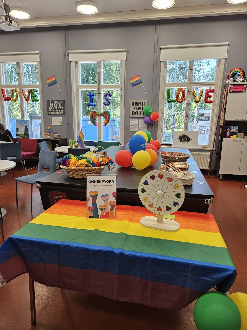 Kuvassa Pride-teemainen koristelu Nuorten Bysiksellä