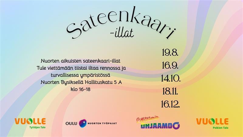 Nuorten aikuisten sateenkaari-illat Nuorten Bysiksellä. 18- 29- vuotiaille klo 16-18. Syksyn 2025 päivät: 19.8., 16.9., 14.10., 18.1., ja 16.12.