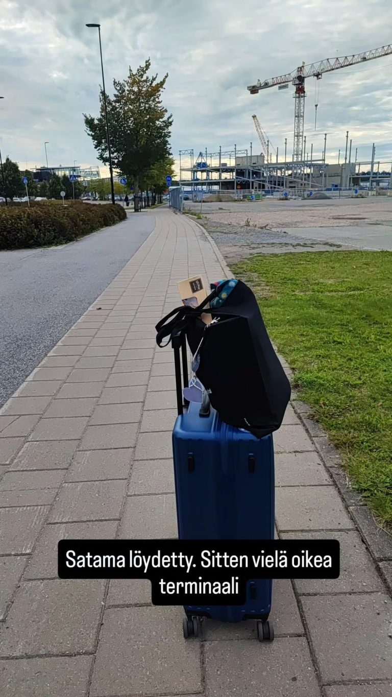 Kuvassa sininen matkalaukku, jonka päällä kassi. Taustalla rakennustyömaa. Kuvassa teksti: Satama löydetty. Sitten vielä oikea terminaali.