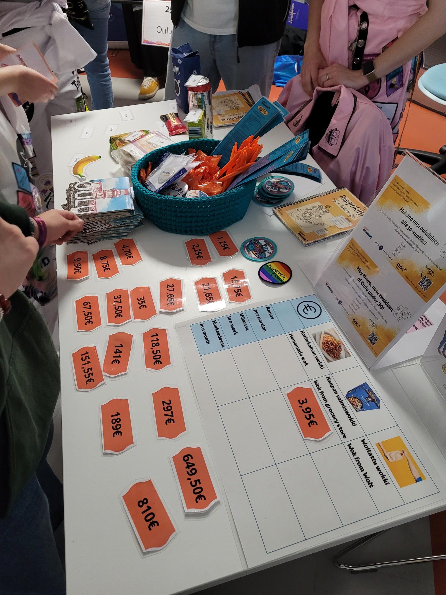 Opiskelijatapahtuman esittelypöydällä kaksi ruoan hinnoittelupeliä.