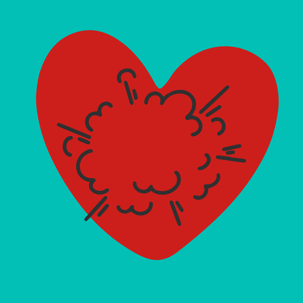 Punainen sydän turkoosilla taustalla ja syämen keskellä savupilvi.