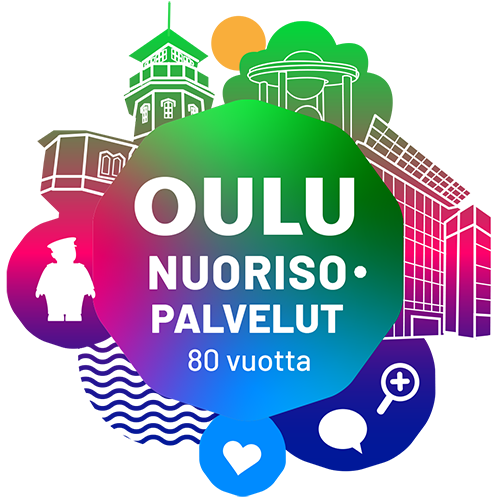Värikäs graafinen logo, jossa toripolliisi, sydän, puhekupla, suurennuslasi, rakennus ja vesistöä. Teksti: Oulu Nuorisopalvelut 80 vuotta.