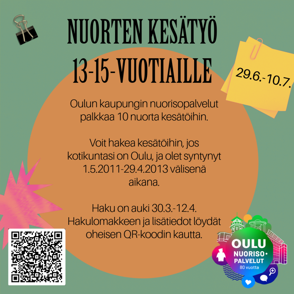 Nuorten kesätyö 13-15-vuotiaille mainos ja QR-koodi.